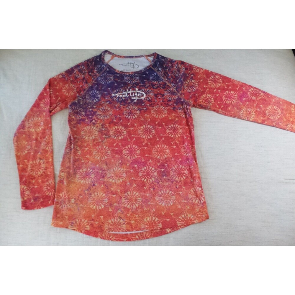 Reel Life Women's Large Rash Guard Orange Purple Swim Shirt UPF Sun Protection